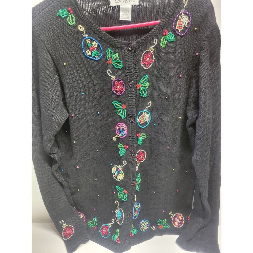 Vtg Arriviste Womens Black‎ Christmas Ornament Beaded Cardigan Sweater M